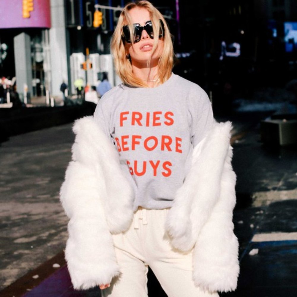 Fries Before Guys Grey Long Sleeve Crewneck Unisex Sweatshirt